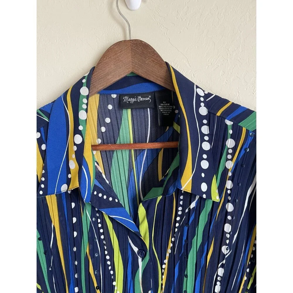 Maggie Barnes 1X Crinkle Collared Button Front Long Sleeve Shirt Cobalt Blue Yel